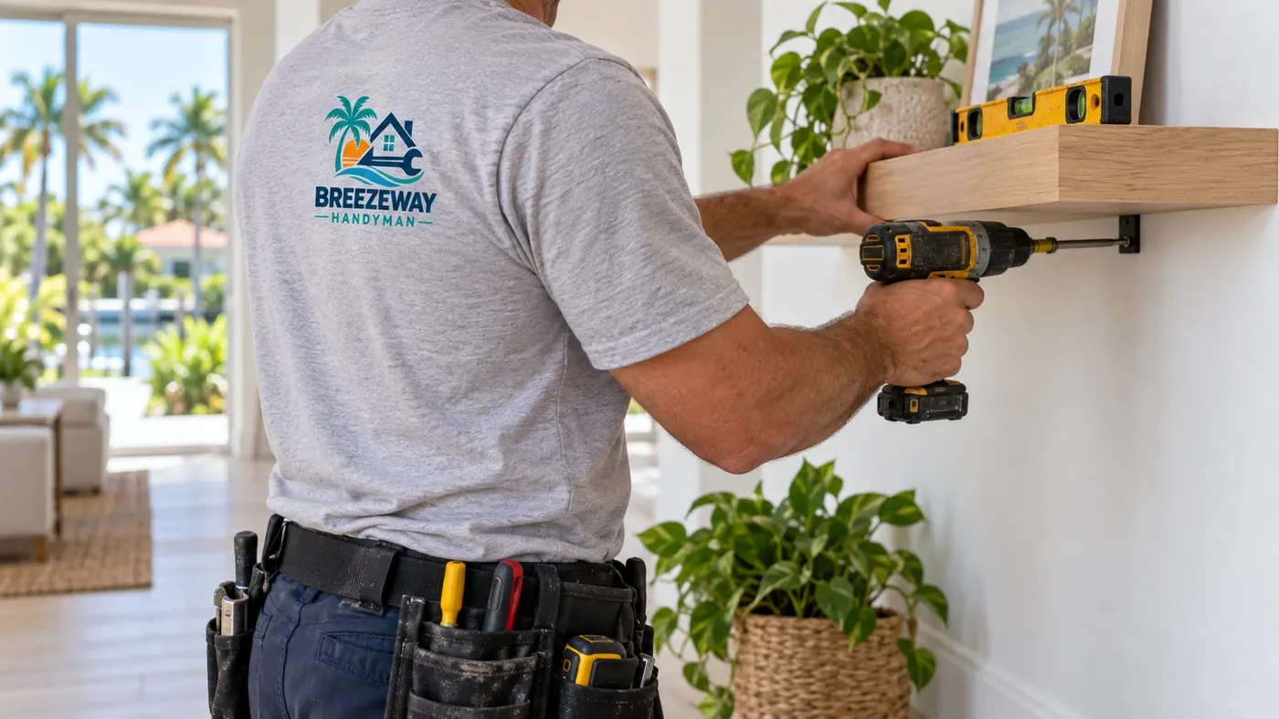 Handyman installing a floating shelf with a drill and a level in a bright South Florida home